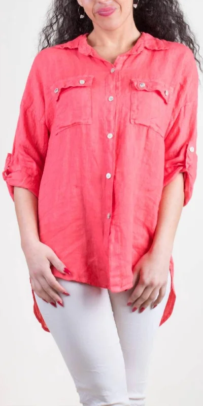 Navi Linen Button Down Shirt In Coral Classic Women's Fashion