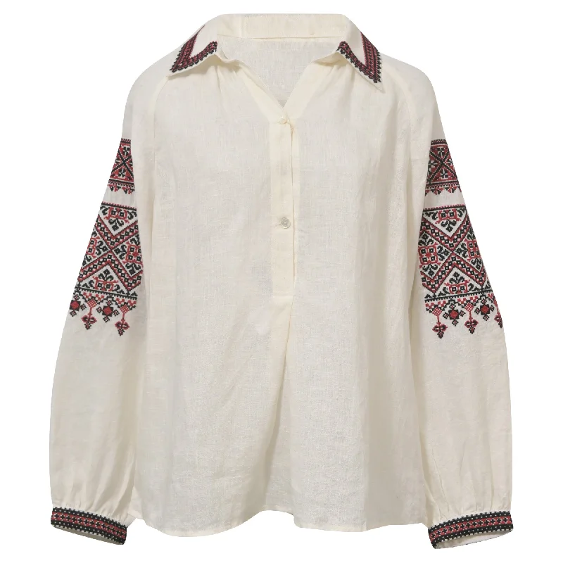 Nili Lotan Jill Embroidered Blouse in Cream White Linen Dreamy Draping