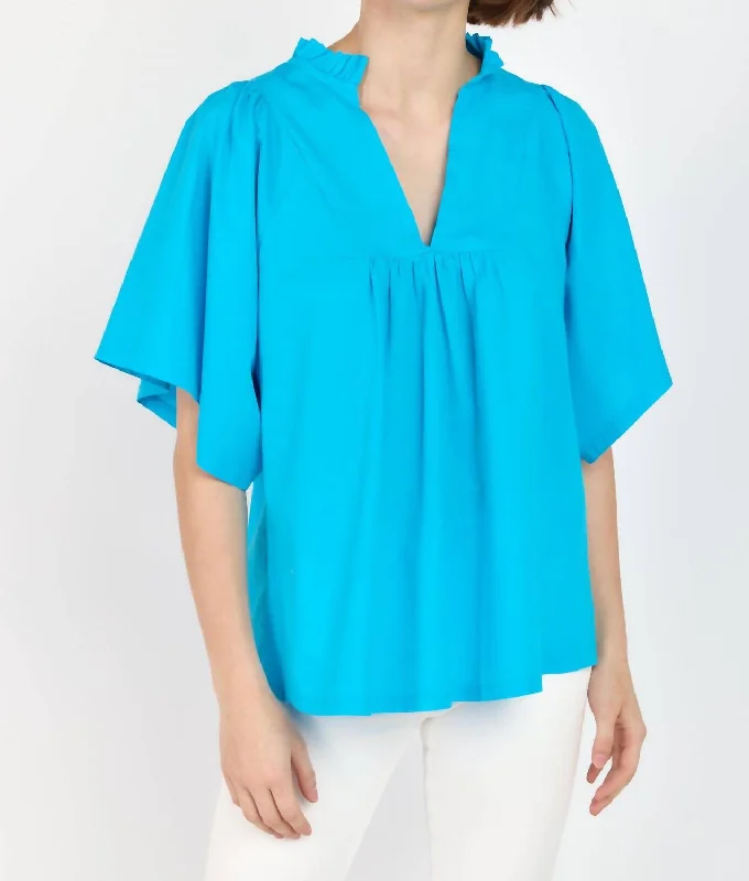 Noelia Flutter Sleeve Blouse In Turquoise Best Deals Of The Season