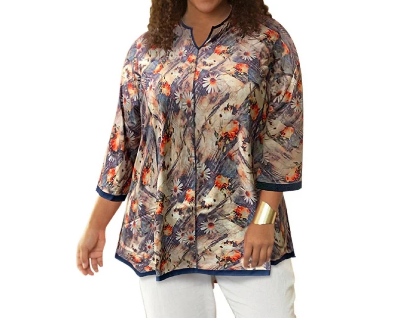 Notched V-Neck Anaise Tunic - Plus In Denim Floral Brushstroke Luxury Style