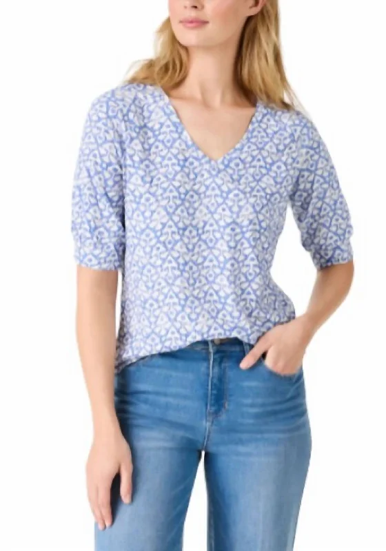 Nzt Dotty Ikat Elbow Sleeve V-Neck Tee In Blue Multi The Good Stuff