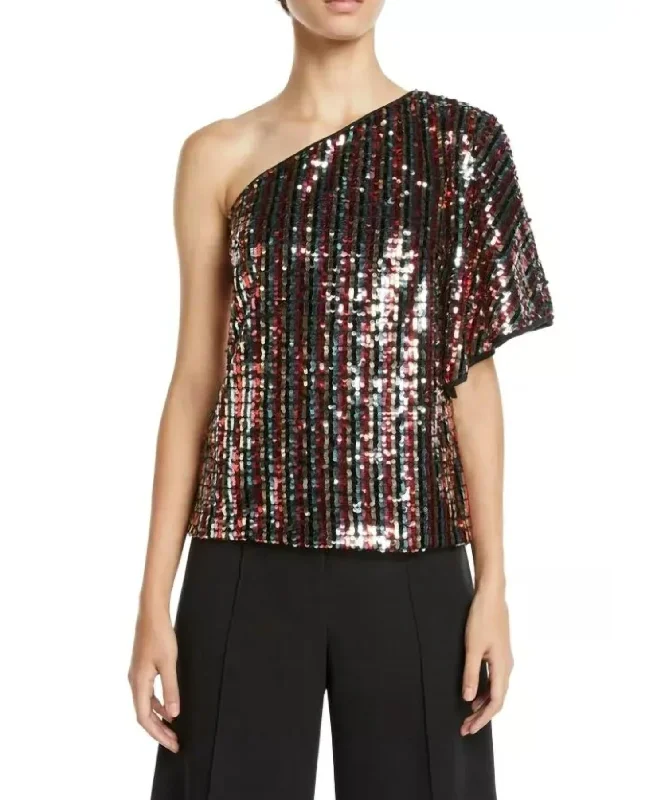 One Shoulder Sequined Butterfly Sleeve Top In Multi Limited Time Offer