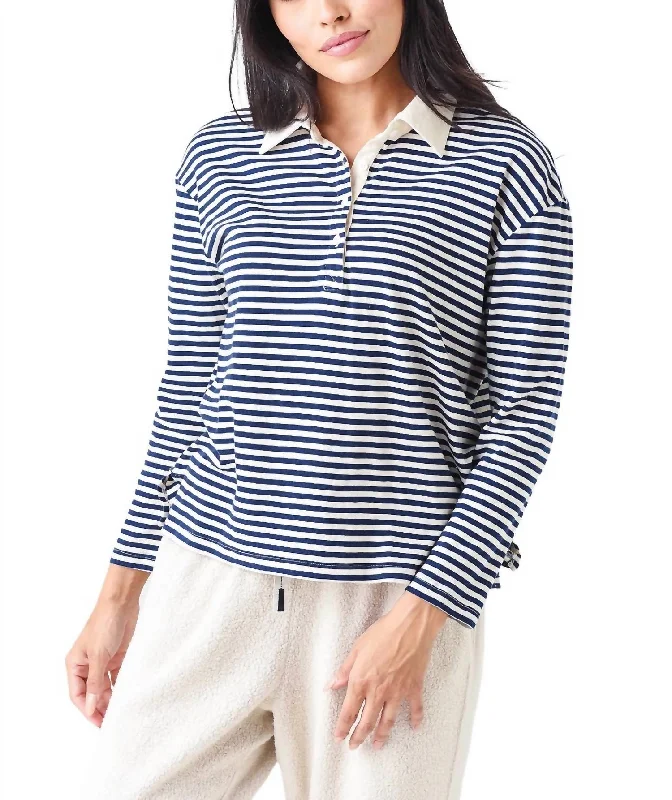 Organic Cotton Long Sleeve Boxy Polo In Indigo Stripe Huge Price Cut