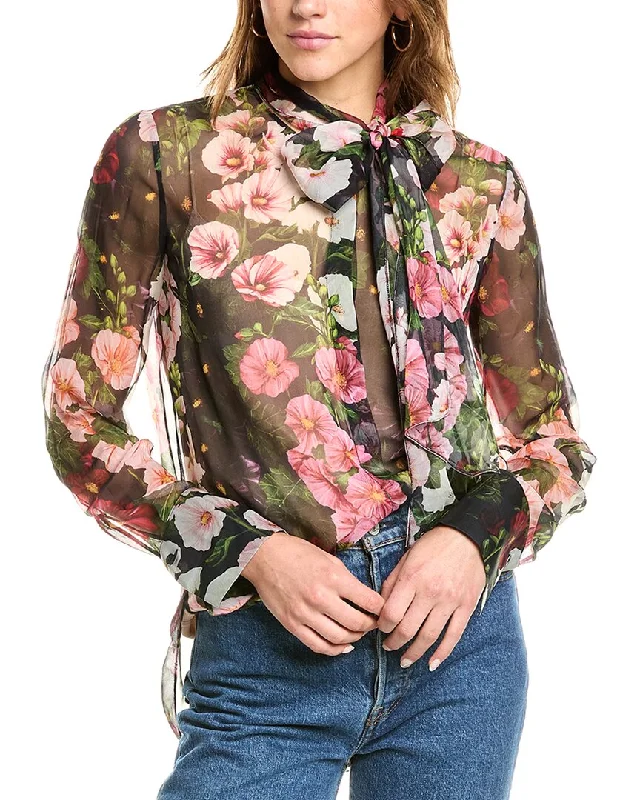 Oscar de la Renta Hollyhocks Silk Chiffon Blouse Exclusive Discounts