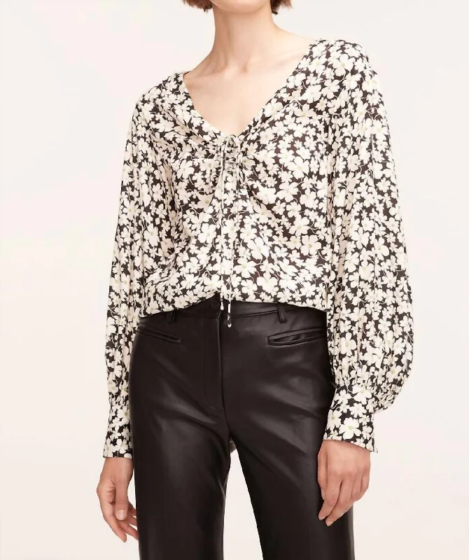 Paige Fleur Drawstring Blouse In Black White Flower Combo Contemporary Elegance