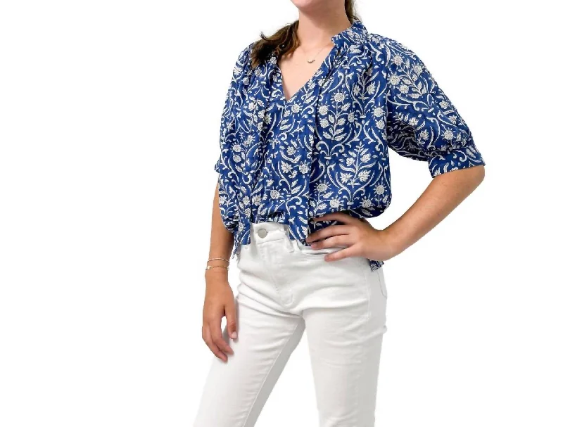 Pam Top Blouse In Navy Trellis Eclectic Style Wardrobe