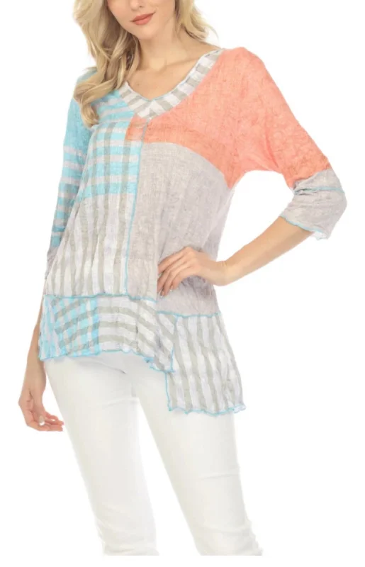 Patch V-Neck Top In Tango Patch Subtle Sophistication