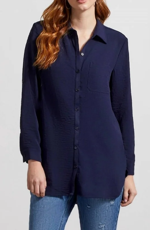 Pebbled Crepe Roll Sleeve Tunic In Nightfall New In This Season