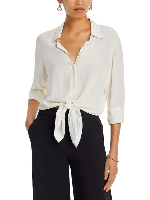 Petites Womens Business Office Button-Down Top Everyday Wear