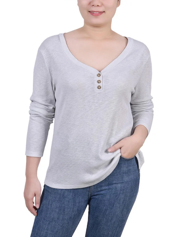 Petites Womens Cotton Ribbed Henley Sophisticated Outfits