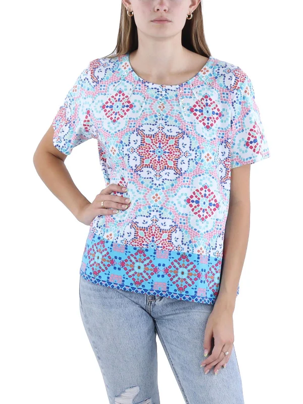 Petites Womens Mosaic Short Sleeves Blouse Mid - Week Surprise