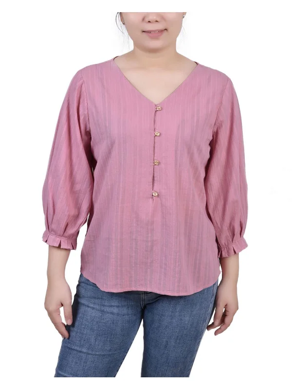 Petites Womens Ribbed Long Sleeves Button-Down Top Limited Time Offer