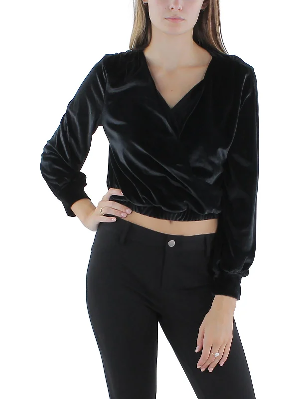 Petites Womens Velvet Cropped Wrap Top Fashion Forward Outfits