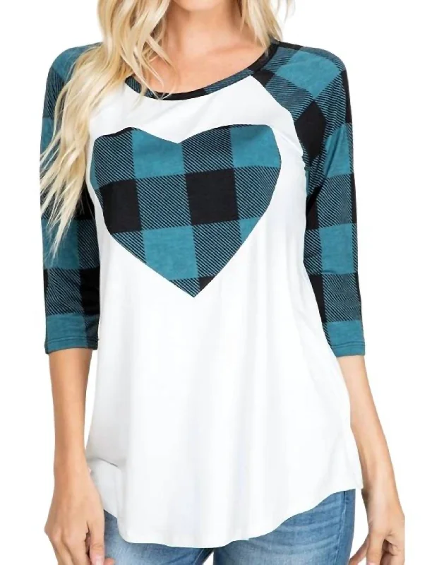 Plaid Heart Raglan Tee In Teal/white Exclusive Sale