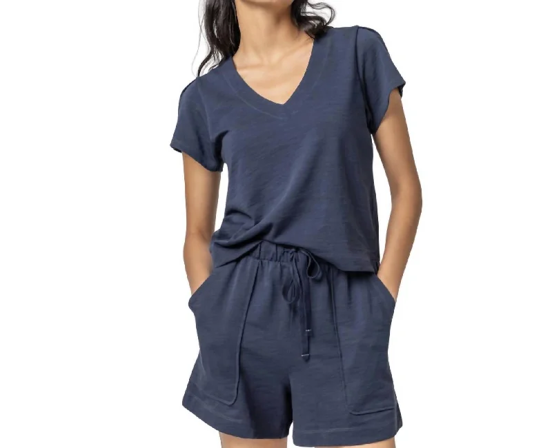 Pleated Cap Sleeve V-Neck Tee In Navy Dive Into Trendy Styles