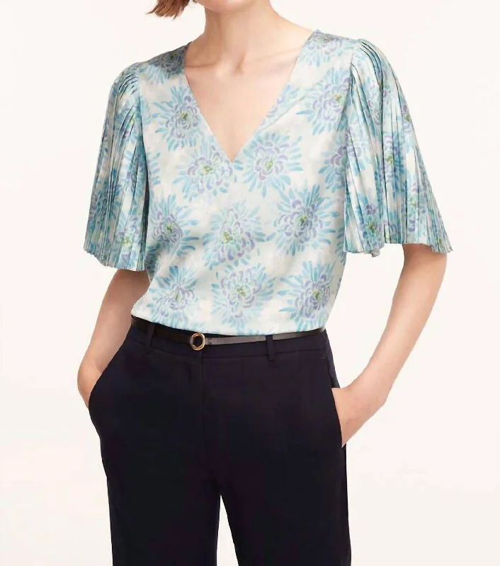 Pleated Sleeve Top In Astera Fleur Turquoise Combo Playful Elegance