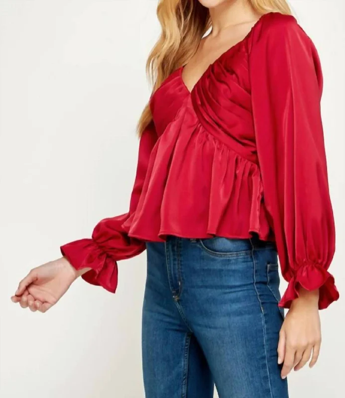 Pleated V Neck Blouse In Burgundy Red Casual Chic