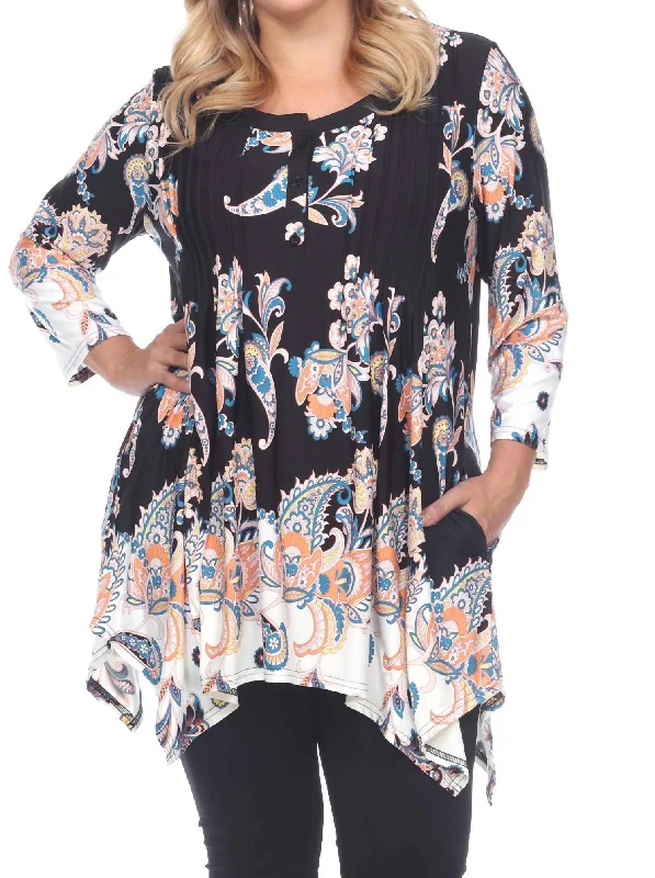 Plus Size Paisley Scoop Neck Tunic Top With Pockets In Black/white Vintage Look