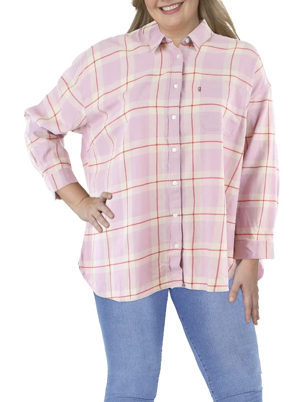 Plus Womens Cotton Flannel Button-Down Top Fashion Forward Style