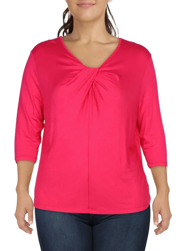 Plus Womens Knot-Front V-Neck Pullover Top Trendy Styles