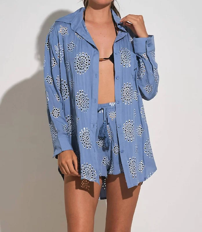 Pointelle Button Coverup In Blue Effortless Style