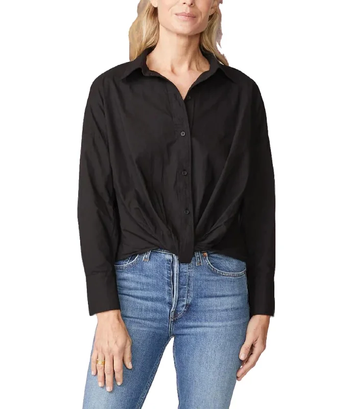 Poplin Long Sleeve Front Twist Shirt In Black Athleisure Wear Special Offer