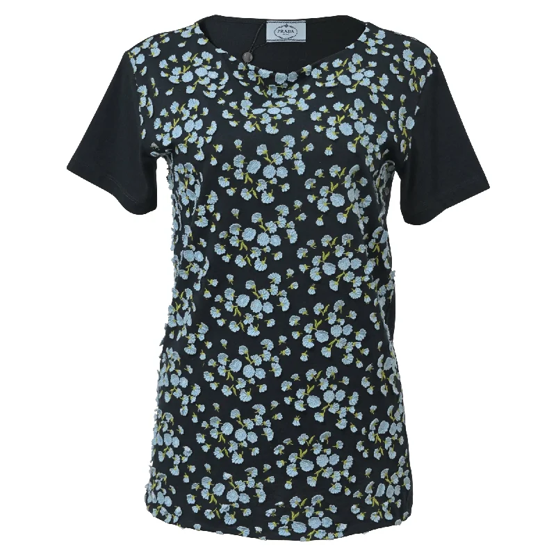 Prada Floral Knit Applique Short Sleeve T-Shirt in Black Cotton The Latest Trends