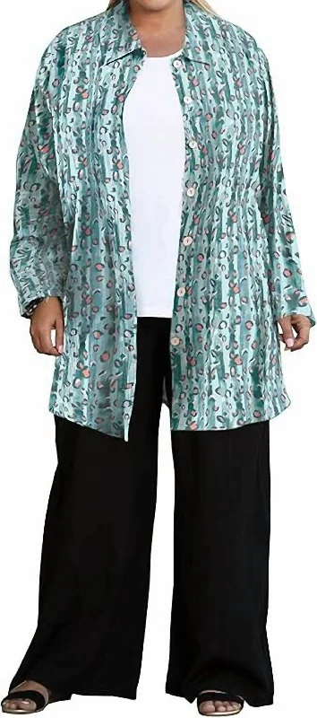 Printed Long Sleeve Chiffon Button Up Rodie Tunic - Plus In Blue Cheetah Floral Style