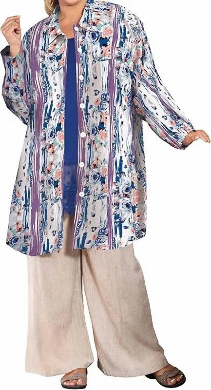 Printed Long Sleeve Chiffon Button Up Rodie Tunic - Plus In Purple Rose Effortless Grace