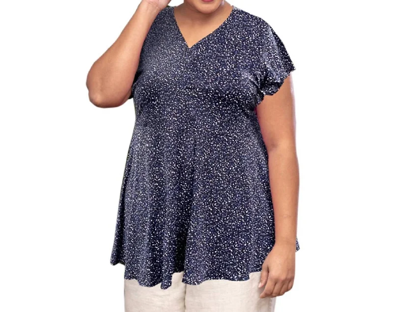 Printed Short Sleeve Baby Doll Top - Plus In Navy Dot Trendy Street Style