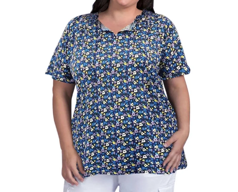 Printed Short Sleeve Ruffle And Tie Top - Plus In Blue Multi Floral Chic & Cozy Apparel