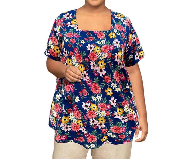 Printed Square Neck Tunic - Plus In Navy Ground Floral Insane Discount Onslaught