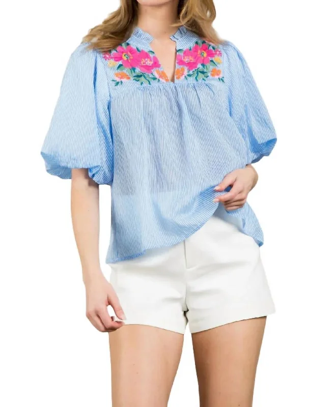 Puff Sleeve Embroidered Striped Top In Blue Multi Season Sale