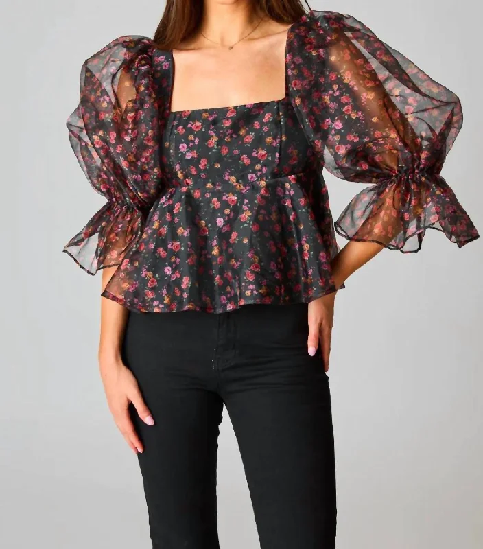 Puff Sleeve Peplum Top In Black Vintage Elegance