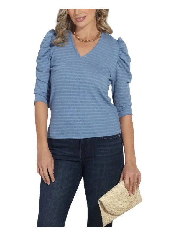 Puff Sleeve V Neck Tee In Denim Blue Modern Women's Fashion