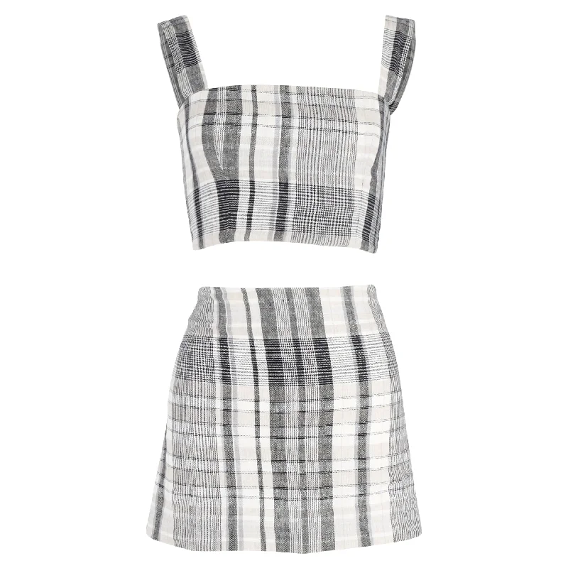 Reformation Plaid Top and Mini Skirt Set in Grey Linen Stupidly Low Prices