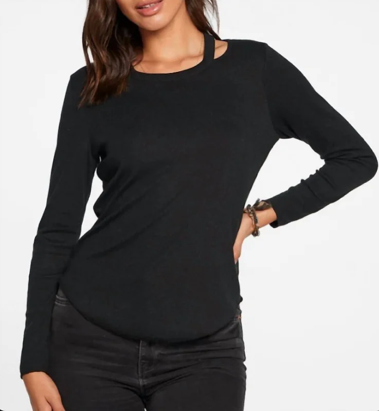 Rib Vented Shoulder Long Sleeve Tee In True Black Trendy Threads