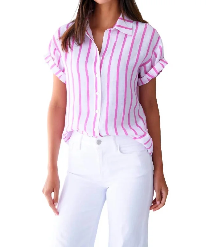 Roll Sleeve Camp Shirt In Pink Bold Stripe Crazy Price Slashing