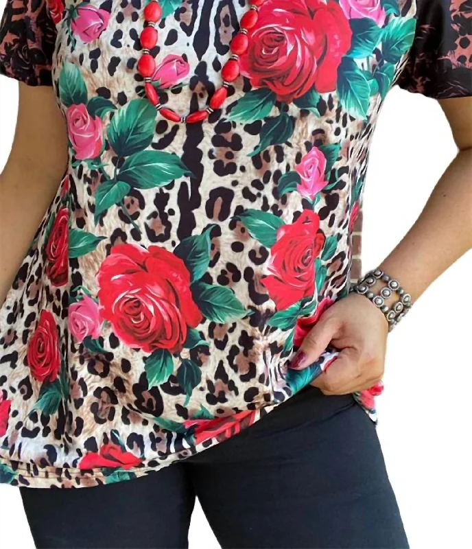 Rose Floral Leopard Top In Red Multi First Order Discount