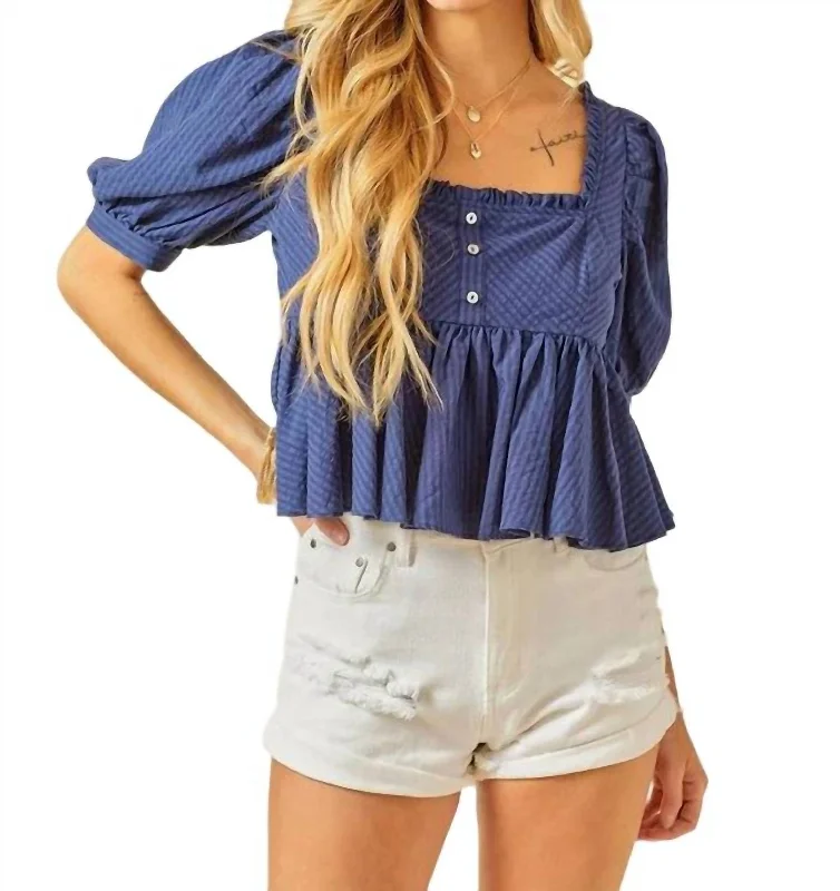 Ruffle Detail Striped Babydoll Blouse In Navy Contemporary Chic