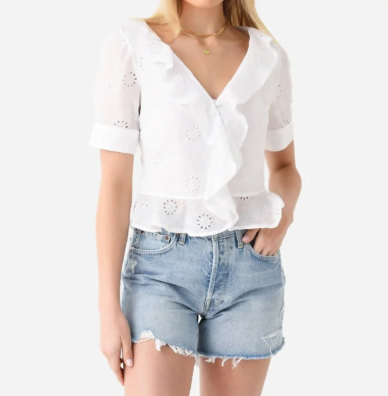 Ruffle Front Short Sleeve Top In Blanc Latest Fashion