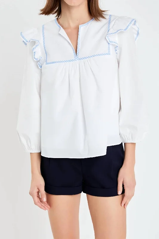 Ruffled Embroidery Top In White/powder Blue Seize Bargains