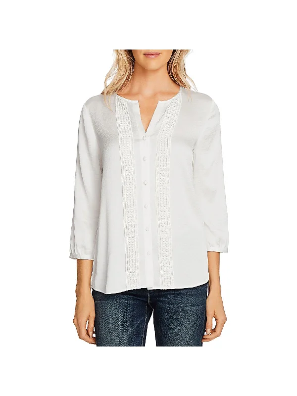 Rumple Womens Hammered Satin Split Neck Button-Down Top Classic Timeless Elegant Style