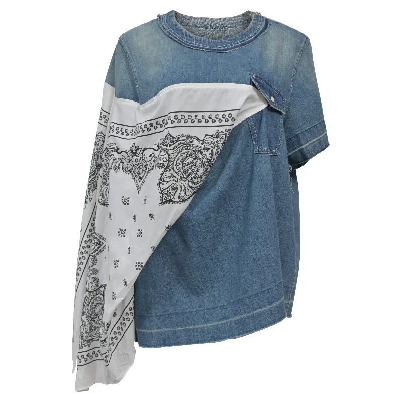 Sacai Bandana Detail Top in Blue Cotton Denim Hot Brand Discounts