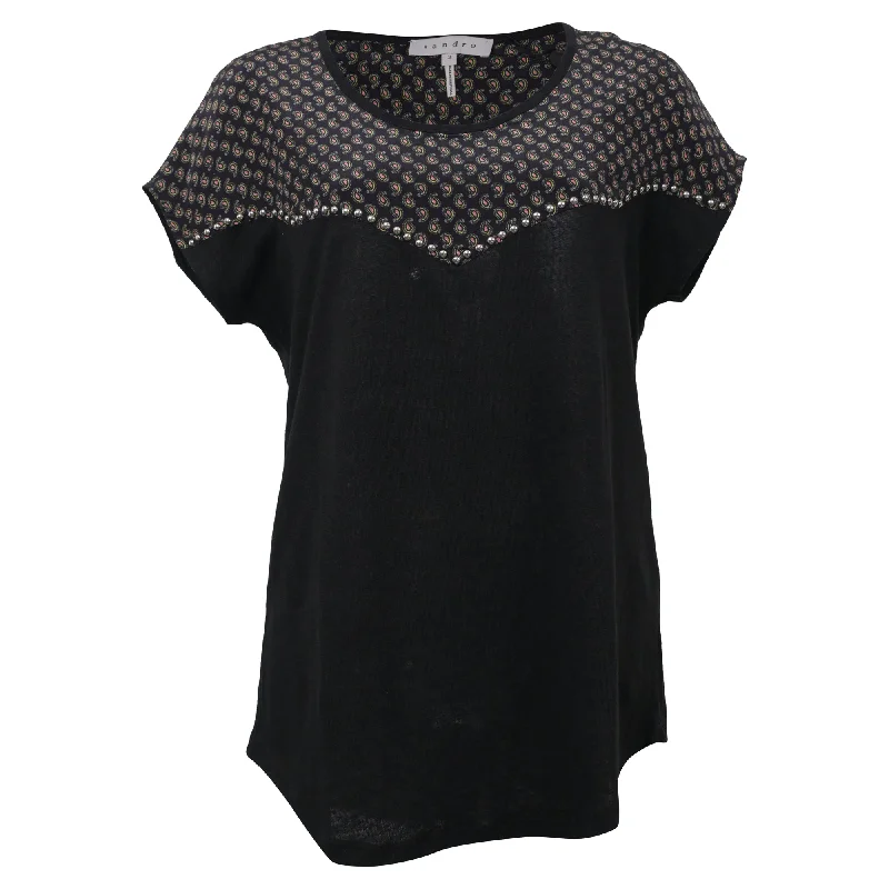 Sandro Paisley Studded Short-Sleeved Blouse in Black Silk Huge Discounts This Week