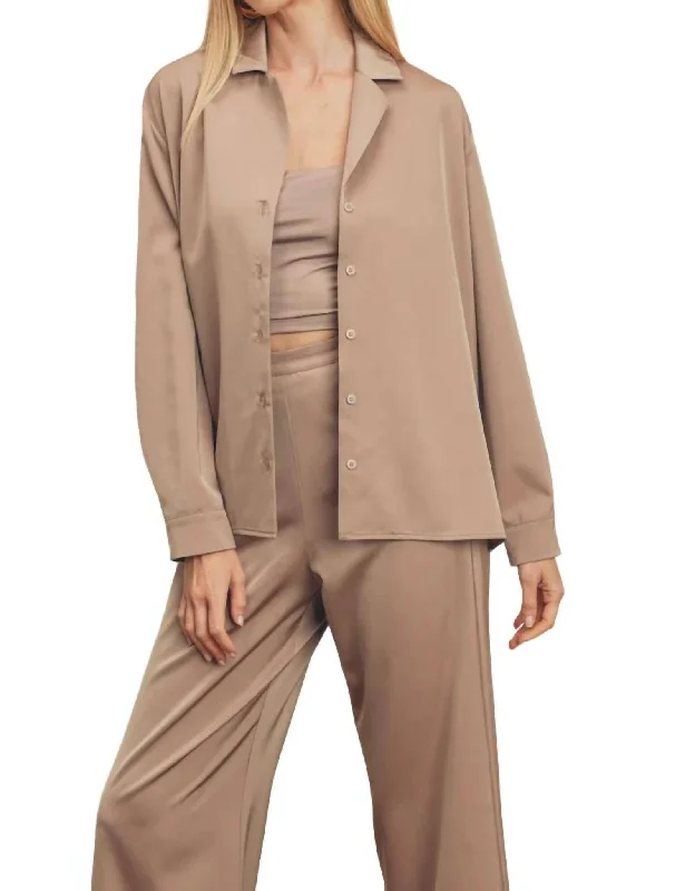 Satin Button Down Shirt In Taupe Huge Savings On Parisian Styles