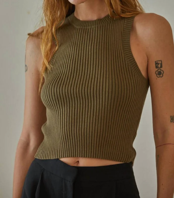 Sawyer Crop Sweater Tank In Dark Olive Feminine Elegance