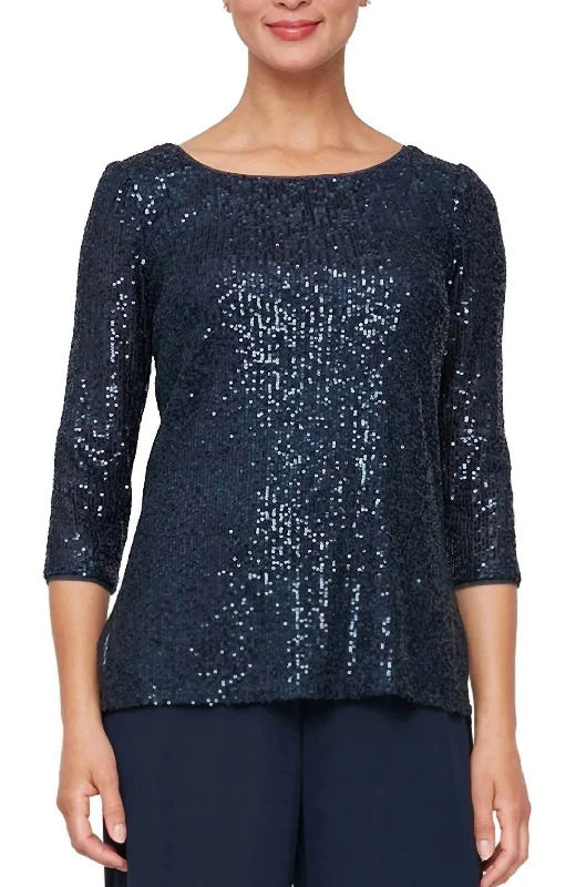 Sequin 3/4 Sleeve Blouse With Side Slit Detail In Navy Stylish Savings