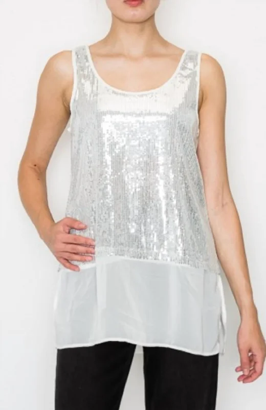 Sequin & Chiffon Tank In White Stylish Savings