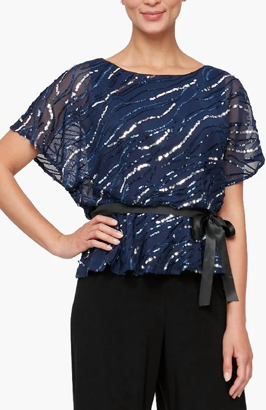 Short Sleeve Blouson Blouse With Tie Belt In Navy Fashion Essentials